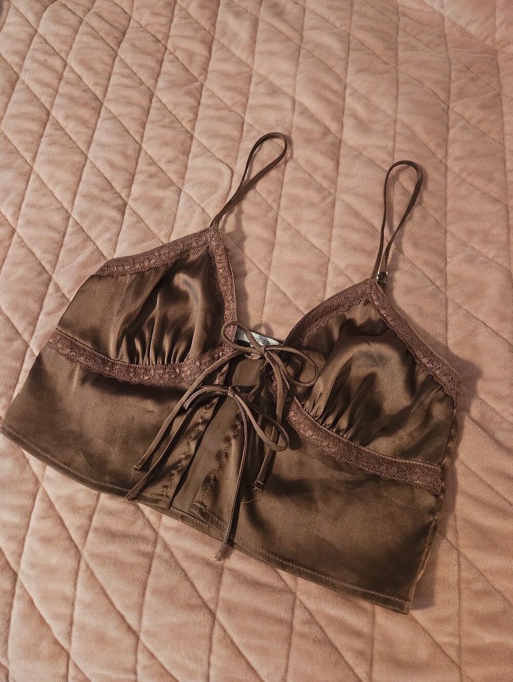 Brown Satin Lace Up Bralette Top
